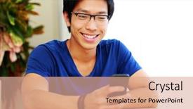  Presentation with asian nurse helps a man - Colorful PPT theme enhanced with personal digital assistant - happy asian man using smartphone backdrop and a  colored foreground