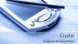  Presentation with personal data - Colorful slide deck enhanced with personal digital assistant - pda and a business newspaper backdrop and a light blue colored foreground