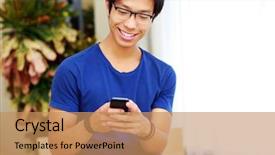  Presentation with smartphone - Theme having personal digital assistant - smiling asian man using smartphone background and a coral colored foreground