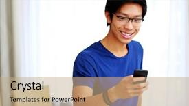  Presentation with smartphone - Slide deck featuring personal digital assistant - smiling asian man using smartphone background and a coral colored foreground