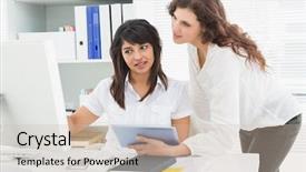  Presentation with judge computer - Colorful presentation theme enhanced with personal digital assistant - smiling coworkers using computer backdrop and a soft green colored foreground