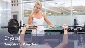  Presentation with helping man - PPT layouts enhanced with personal female trainer helping young man with lifting barbell in the gym background and a gray colored foreground