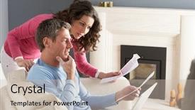  Presentation with personal - Colorful slide set enhanced with personal finance - couple using laptop and discussing backdrop and a soft green colored foreground