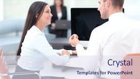  Presentation with two people talking - Amazing presentation theme having personal financial management - two successful employee talking sitting backdrop and a  colored foreground