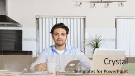  Presentation with financial statement - PPT theme featuring personal financial statement - young man sits background and a  colored foreground