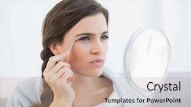  Presentation with living room - Colorful PPT theme enhanced with personal grooming - concentrated casual brown haired woman backdrop and a coral colored foreground