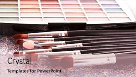  Presentation with cosmetic - Theme featuring personal grooming - cosmetic brushes background and a soft green colored foreground