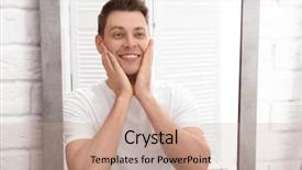  Presentation with shaving - Presentation theme enhanced with personal grooming - handsome man after shaving near background and a coral colored foreground