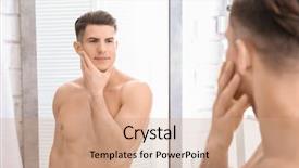  Presentation with shaving - Presentation having personal grooming - handsome man after shaving near background and a coral colored foreground