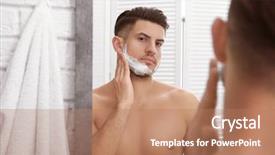  Presentation with soap foam suds - Audience pleasing PPT theme consisting of personal grooming - handsome man applying shaving foam backdrop and a coral colored foreground