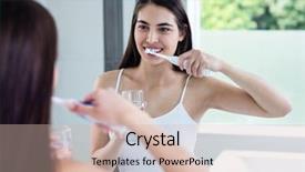  Presentation with bathroom - Audience pleasing slides consisting of personal grooming - smiling brunette brushing teeth backdrop and a soft green colored foreground