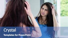  Presentation with mirror reflection - Presentation theme featuring personal grooming - unsmiling brunette looking her reflection background and a teal colored foreground