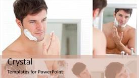  Presentation with shaving - Theme enhanced with personal hygiene - collage of a young man background and a coral colored foreground