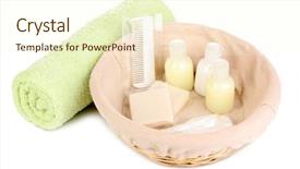  Presentation with hotel amenities - Slide set with personal hygiene - hotel amenities kit in basket background and a cream colored foreground