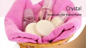  Presentation with hotel amenities - Colorful slide deck enhanced with personal hygiene - hotel amenities kit in basket backdrop and a coral colored foreground