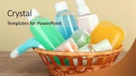  Presentation with hotel amenities - Presentation design having personal hygiene - hotel amenities kit on table background and a lemonade colored foreground