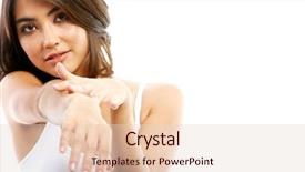  Presentation with female - PPT layouts having personal hygiene - image of female touching her background and a  colored foreground