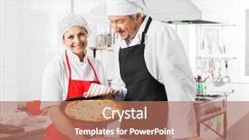  Presentation with chef - Presentation theme enhanced with personal hygiene food industry - portrait of happy female chef background and a coral colored foreground
