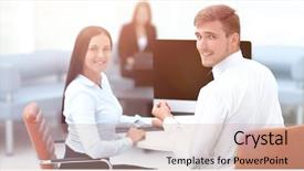  Presentation with members - Audience pleasing slides consisting of personal image management - members of the business team backdrop and a coral colored foreground