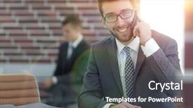  Presentation with financial - Audience pleasing PPT theme consisting of manager sitting at his working backdrop and a  colored foreground