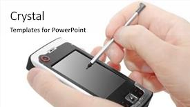  Presentation with communicator - Beautiful PPT theme featuring personal organiser - hands with communicator backdrop and a white colored foreground