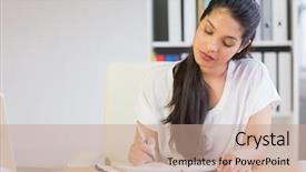  Presentation with diary - Slide deck with personal organizer - beautiful young businesswoman writing background and a coral colored foreground