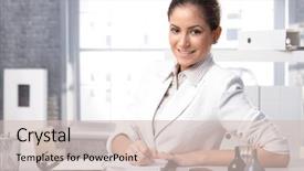  Presentation with writing notes - Beautiful PPT theme featuring personal assistant - portrait of young smart businesswoman backdrop and a soft green colored foreground