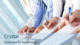  Presentation with personal - PPT layouts with personal presentation - row of human hands background and a sky blue colored foreground