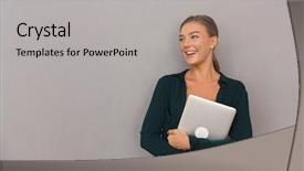  Presentation with five business people standing together and smiling - Audience pleasing slides consisting of personal presentation - smiling young businesswoman standing backdrop and a light gray colored foreground