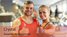  Presentation with woman sport - Beautiful presentation theme featuring sport fitness lifestyle gesture and people concept - smiling man and woman showing thumbs up in gym backdrop and a red colored foreground