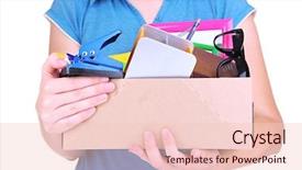  Presentation with property - Beautiful presentation featuring leaving job - personal property in carton isolated backdrop and a lemonade colored foreground