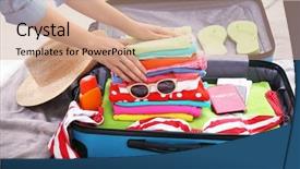  Presentation with traveler - Colorful presentation design enhanced with personal protection items - female hands packing traveler case backdrop and a coral colored foreground