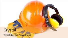  Presentation with orange biscuit - Presentation theme enhanced with personal protective equipment - orange hard hat earphones background and a yellow colored foreground