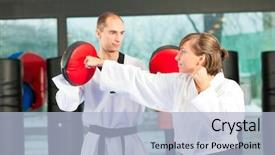  Presentation with self defense - Slides consisting of personal self defense - people in a gym background and a light blue colored foreground