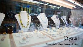  Presentation with personal - Colorful slides enhanced with personal selling - jewelry in the window case backdrop and a light gray colored foreground