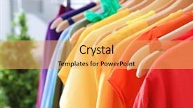  Presentation with clothing wooden clothes hanger object - Theme with personal selling - rack with rainbow clothes close background and a yellow colored foreground