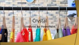  Presentation with clothing wooden clothes hanger object - Presentation design with personal selling - rack with rainbow clothes indoors background and a mint green colored foreground