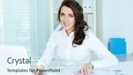  Presentation with camera - Slide deck enhanced with personal success - confident business woman looking background and a  colored foreground