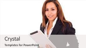  Presentation with african american in computer business - Presentation design with personal success - smiling business woman with tablet background and a white colored foreground