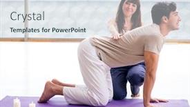  Presentation with exercise trainer - Colorful slide deck enhanced with personal-trainer-assisting-during-exercise backdrop and a sky blue colored foreground