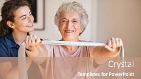  Presentation with senior worker - Cool new PPT layouts with personal-trainer-assisting-senior-woman backdrop and a coral colored foreground