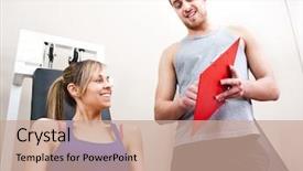  Presentation with exercise trainer - Audience pleasing PPT layouts consisting of personal trainer explaining an exercise to a woman backdrop and a coral colored foreground