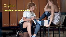  Presentation with locker room - Presentation theme featuring personal-trainer-giving-aid background and a tawny brown colored foreground