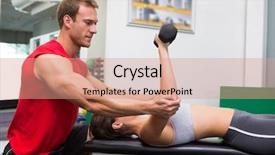  Presentation with lift - Beautiful presentation theme featuring personal trainer helping client lift dumbbells at the gym backdrop and a coral colored foreground