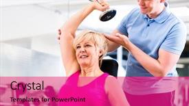  Presentation with exercise sport - Colorful slide set enhanced with personal training - senior woman at sport exercise backdrop and a purple colored foreground