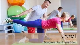  Presentation with personal training - Beautiful PPT theme featuring personal training - woman working out while instructor backdrop and a coral colored foreground