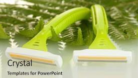  Presentation with isolated fall oak leaf - Amazing PPT theme having personel hygeine - woman safety shavers and leaf backdrop and a  colored foreground