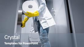  Presentation with public - Cool new PPT theme with personnel - janitor woman changing paper backdrop and a gray colored foreground