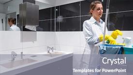  Presentation with tool belt tools - Presentation design with personnel - janitor woman or charlady background and a gray colored foreground