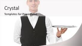  Presentation with waiter - PPT theme having personnel - waiter with metal tray background and a white colored foreground